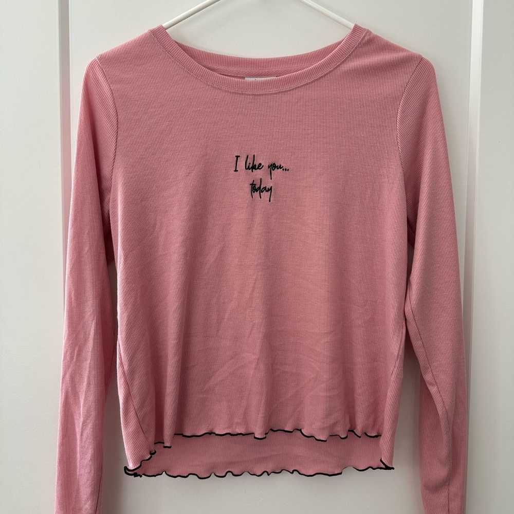 Pink Long Sleeve Top with Embroidered “I like you today”